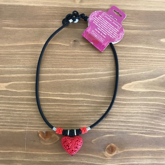 Passage to Asia Cinnabar-Style Lacquer Resin Carved Heart Shape Pendant Necklace - Picture 4 of 6